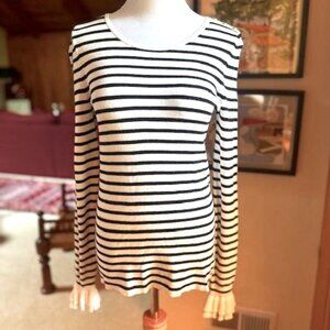 WHBM Black Ivory Cream Nautical Striped Ruffle Cuffs Long-Sleeve Sweater - S